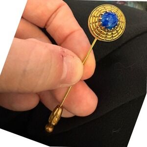 Vintage Gold Tone Lapel Pin Blue Cabochon Stone Stick Pin Brooch Jewelry